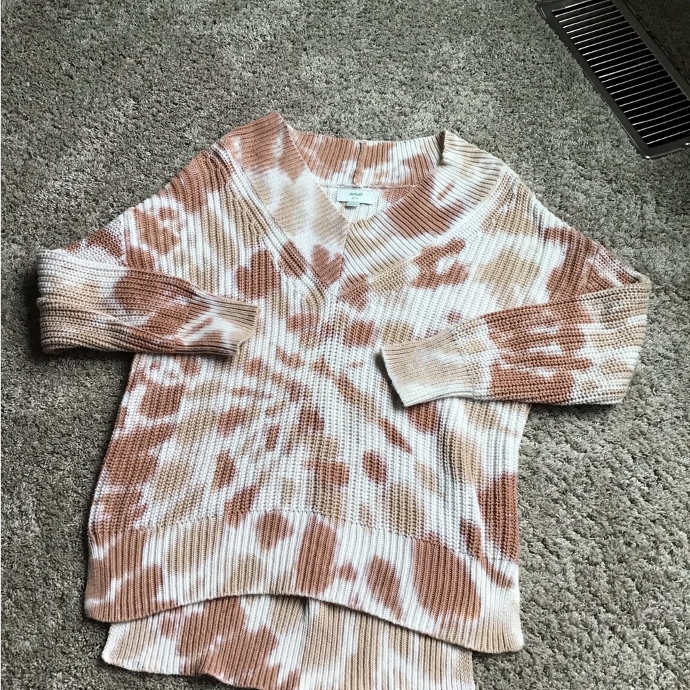 Aerie Womens Tie-Dye Ribbed V-Neck Sweater in Cream and Rust size XS